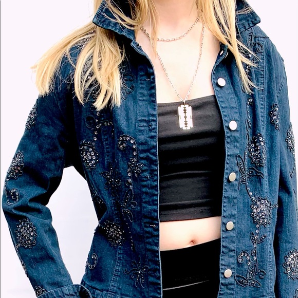 Gorgeous blue denim jacket with blue embroidery & shiny beadings metal buttons M - Picture 6 of 16